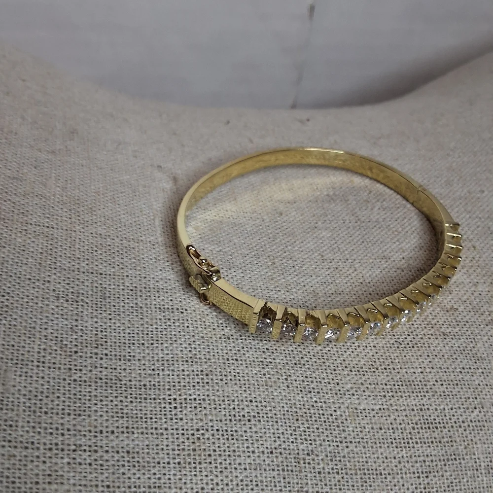 Vintage Gold Tone Hinged Bangle Bracelet Channel Set Clear CZ Stones - Picture 4 of 12